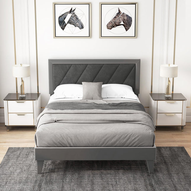 Dreamade Full Size Velvet Bed Frame with Headboard, Modern Upholstered Platform Bed, No Box Spring Needed, Black & Gray