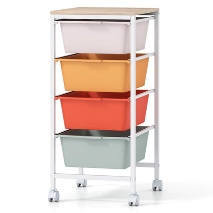 Dreamade 4-Drawer Rolling Storage Cart Mobile Utility Organizer with Wooden Tabletop and Lockable Wheels