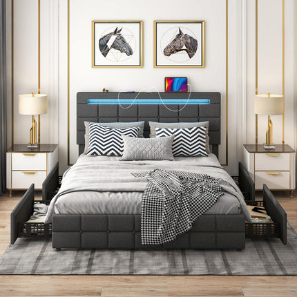Dreamade Full/Twin Size Bed Frame with LED Lights and 4 Drawers