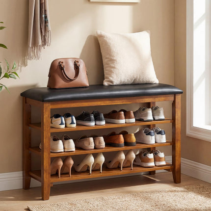 Dreamade 4-Tier Shoe Rack Bench | Rubber Wood Entryway Bench with Adjustable Shelves