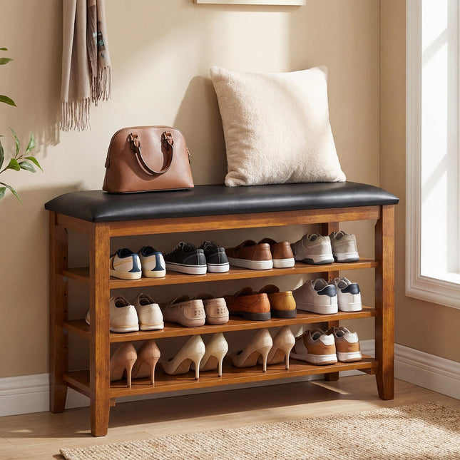 Dreamade 4-Tier Shoe Rack Bench | Rubber Wood Entryway Bench with Adjustable Shelves