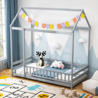 Dreamade Twin Floor Bed with Fence, Wood Montessori Bed with Safety Guardrails and 80.5
