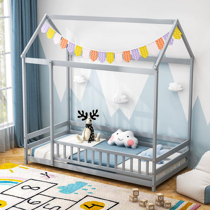 Dreamade Twin Floor Bed with Fence, Wood Montessori Bed with Safety Guardrails and 80.5" High Roof Design