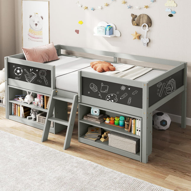 Dreamade Low Loft Bed Twin Size, Wooden Loft Bed with Ladder & Blackboard