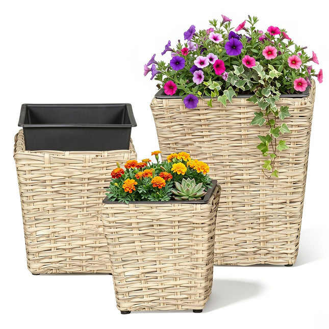 Dreamade 3-Piece Rattan Planter Box Kit with Removable Plastic Liners