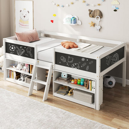 Dreamade Low Loft Bed Twin Size, Wooden Loft Bed with Ladder & Blackboard