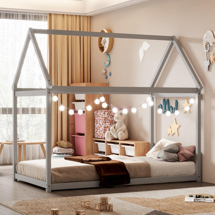 Dreamade Twin House Bed, Wood Montessori Bed Frame with House Roof Canopy