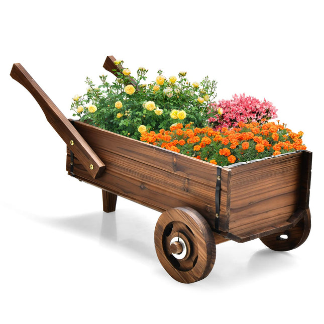 Dreamade Wooden Wagon Planter Box, Decorative Wagon Cart with Wheels, Handles
