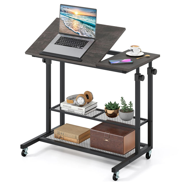 Dreamade Adjustable Rolling Computer Desk with Tilting Desktop and Storage Shelves