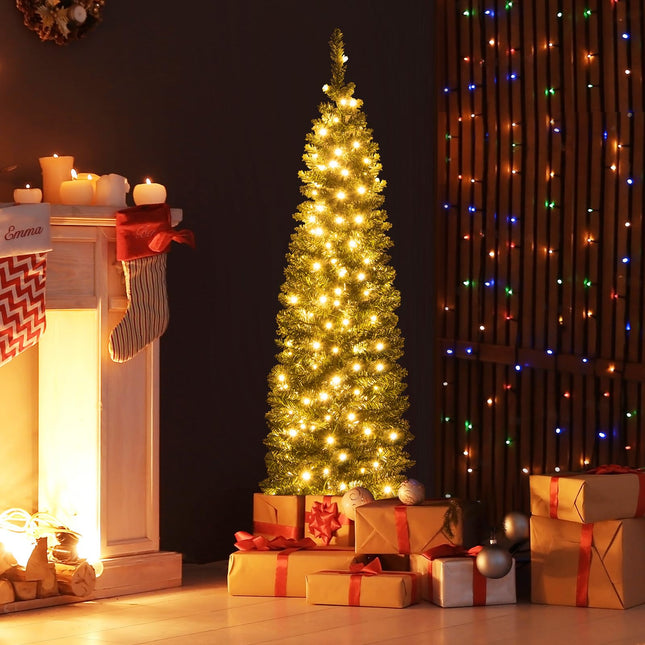 Dreamade 5ft Pre-Lit Pencil Christmas Tree, Artificial Slim Xmas Tree with 150 Warm-White LED Lights