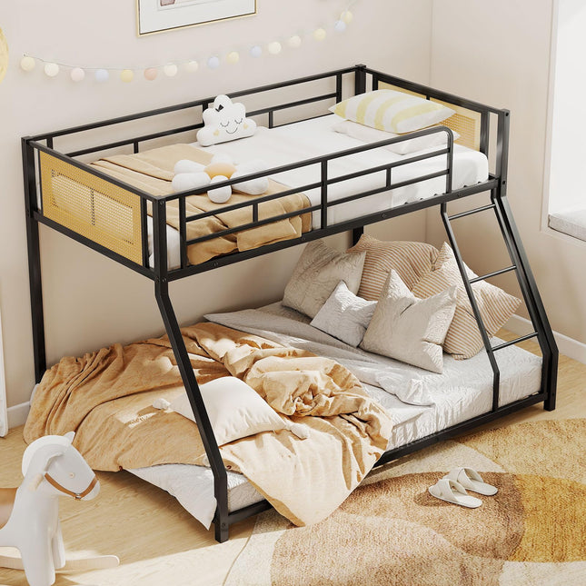 Dreamade Twin Over Full Metal Bunk Bed, Boho Rattan Floor Bunkbeds