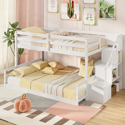 Dreamade Bunk Bed with Stairs, Solid Wood Floor Bunk Bed with Storage Staircase & Full-Length Guardrails