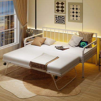 Dreamade Twin Daybed with Trundle, Twin Bed Frame with Charging Station & LED Lights, Metal Trundle Bed Twin w/Steel Slats Support