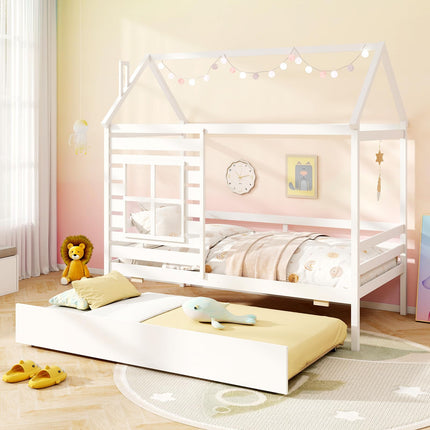Dreamade Twin House Bed with Trundle Bed Twin, Wooden Twin Bed Frames with Roof, Chimney & Window