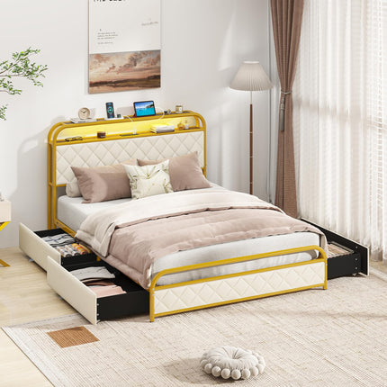 Dreamade Queen/Full/Twin Size Bed Frame with 4 Storage Drawers and Charging Station