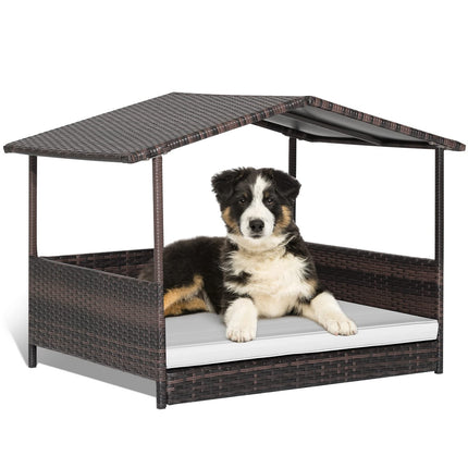 Dreamade Wicker Dog House, Raised Rattan Dog Bed with Roof, Removable Cushion and Steel Frame