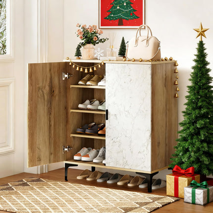 Dreamade Shoe Cabinet 4-Tier Wooden Shoe Rack Cabinet(Marble Pattern Door)