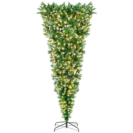 Dreamade 7.5ft Pre-lit Upside Down Christmas Tree, Hinged Inverted Artificial Xmas Tree W/ 1100 Snowy Branch Tips - DreamadeUS