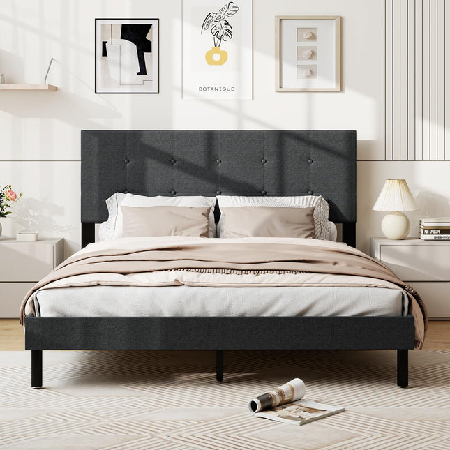 Dreamade Queen Bed Frame Linen Upholstered Platform Bed with Button Tufted Headboard