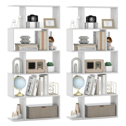 Dreamade 5-Tier Geometric Bookshelf, 62.5" Tall Wood S-Shaped Bookcase with Anti-Tipping Device