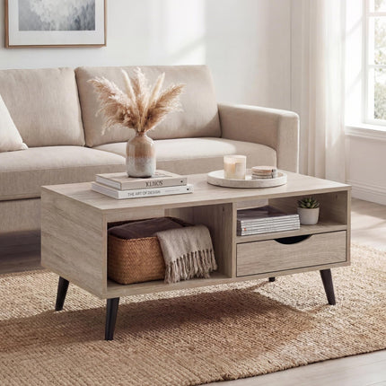Dreamade Wood Coffee Table with Storage Drawer 36.5 Inch Rustic Center Table