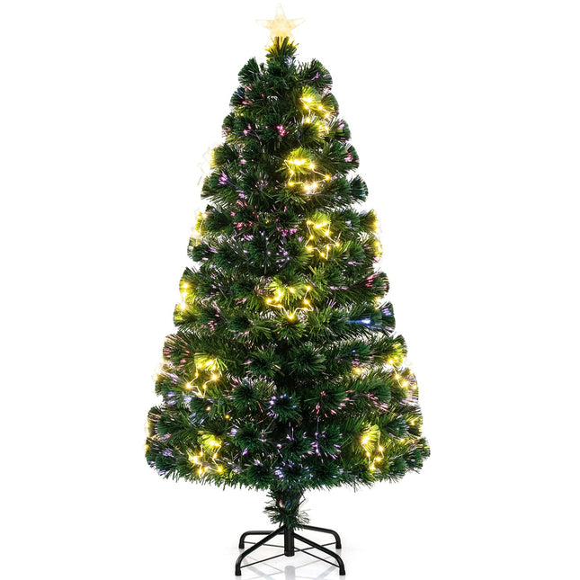 Dreamade 5ft Pre-Lit Fiber Optic Christmas Tree, Artificial Lighted Xmas Tree with 24 Warm-White Shape-Adjustable Star String Lights