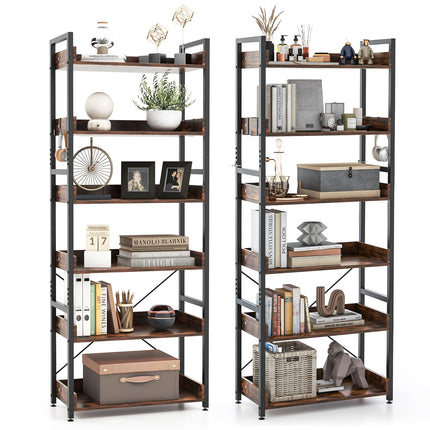 Dreamade Industrial 6-Tier Bookshelf, 70" Tall Freestanding Storage Display Shelf with 4 Hooks