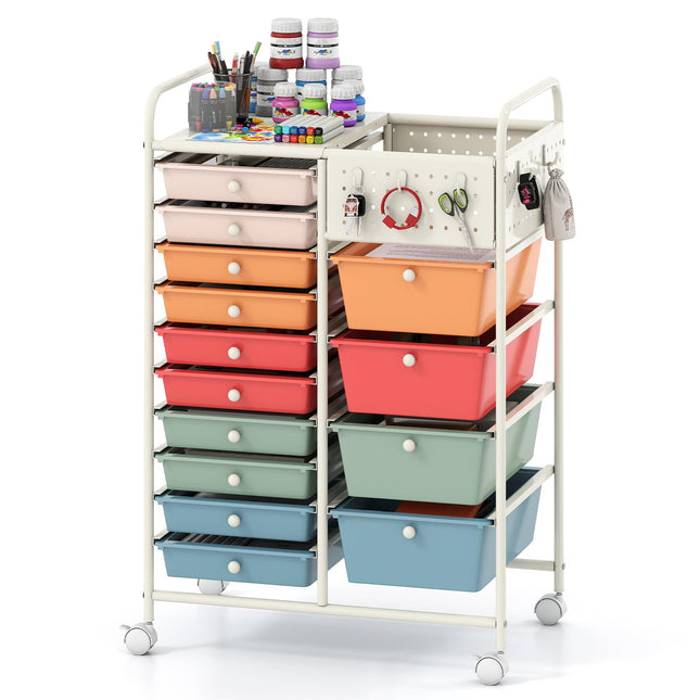 Dreamade 14 Drawer Storage Cart | Rolling Craft Cart with Metal Tabletop & Pegboard