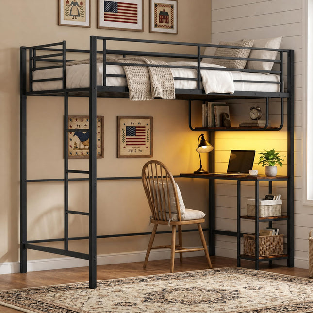 Dreamade Twin Loft Bed with Desk LED Lights & Charging Station