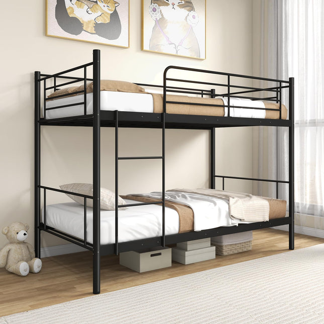 Dreamade Bunk Bed Twin Over Twin, Metal Bunk Bed Frame w/Built-in Ladder, Safety Guardrail