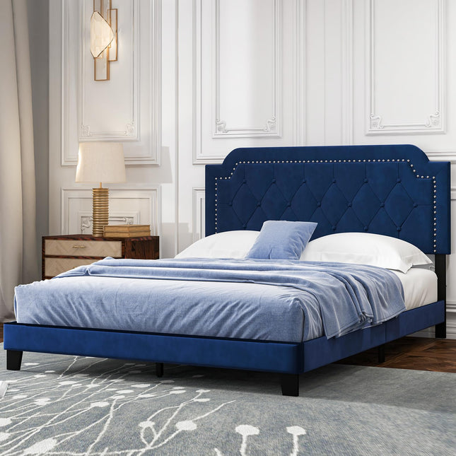Dreamade Velvet Queen Size Bed Frame, Upholstered Platform Bed with Button Tufted & Nailhead Trim Headboard