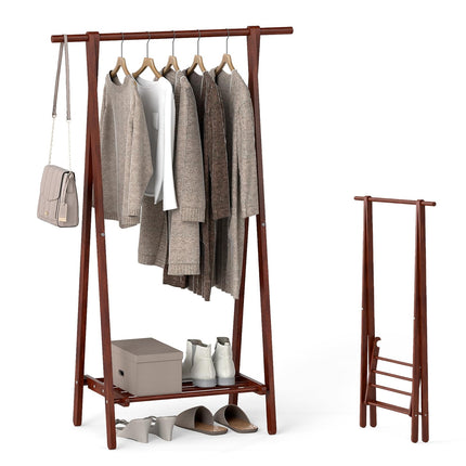 Dreamade Folding Rubber Wood Clothes Hanging Rack Standing Garment Rack with Bottom Storage Shelf