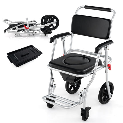 Dreamade Bedside Commode Wheelchair for Toilet - Foldable Shower Chair with Arms, Lockable Casters