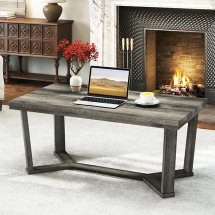 Dreamade Farmhouse Wood Coffee Table with Cross-Shaped Base & Rubber Wood Frame