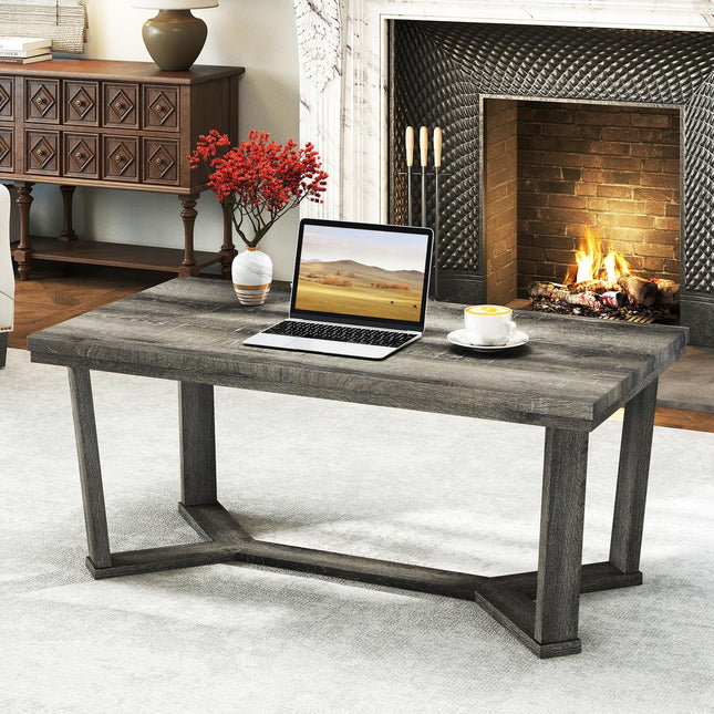 Dreamade Farmhouse Wood Coffee Table with Cross-Shaped Base & Rubber Wood Frame