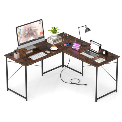 59 Inch Reversible Corner Desk with Power Outlet and USB Ports & Monitor Stand