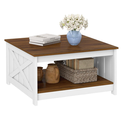 Dreamade Farmhouse Coffee Table 31 Inch Square Wood Coffee Table with Storage Shelf