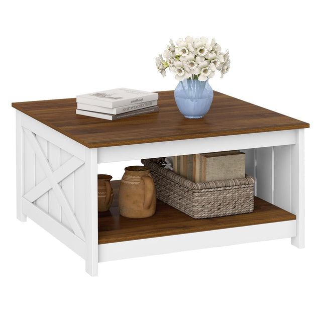 Dreamade Farmhouse Coffee Table 31 Inch Square Wood Coffee Table with Storage Shelf