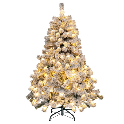 Dreamade 4.5 FT Pre-Lit Snow Flocked Christmas Tree, Artificial Hinged Xmas Tree W/ 150 LED Lights - DreamadeUS