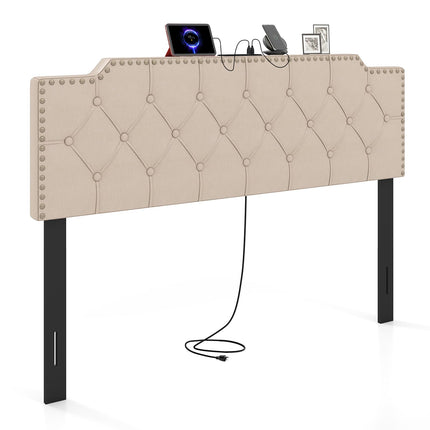 Dreamade Headboard for Queen and Full Size Bed | Rivet Tufted Upholstered Head Board w/ 2 AC Outlets