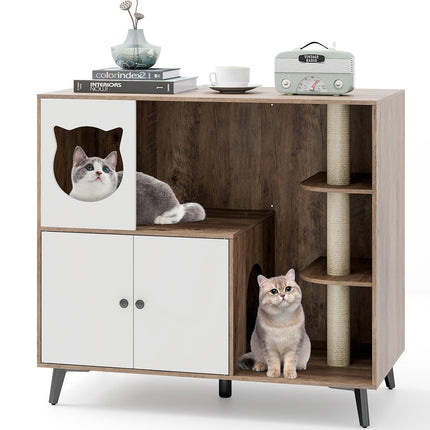 Dreamade Cat Litter Box Enclosure - Wooden Cat House Washroom Hidden Furniture with Cat Tree