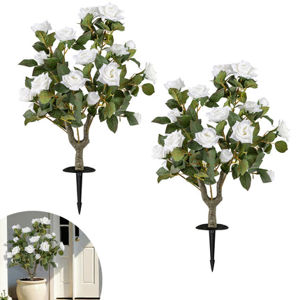 Dreamade 31.5” 2 Pack Artificial Rose Flower Trees with Spikes & 18 White Flowers