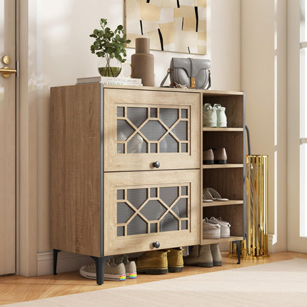Dreamade Shoe Cabinet with Flip & Slide Doors, Shoe Storage Cabinet with Adjustable Cube Shelves(Decorative Doors)