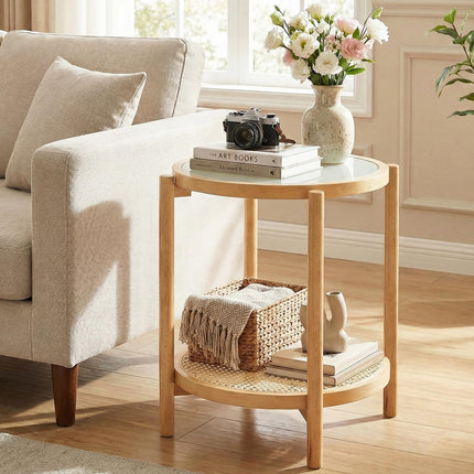 Dreamade 2-Tier Boho Rattan Round Side Table w/Tempered Glass Top (1/2)
