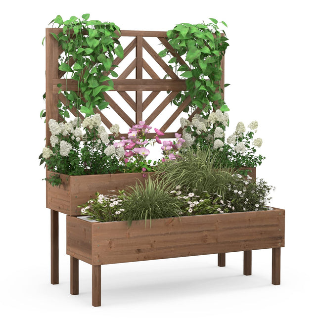 Dreamade Raised Garden Bed with Trellis, 2-Tier Wooden Planter Box with Legs and Drain Holes (Brown)