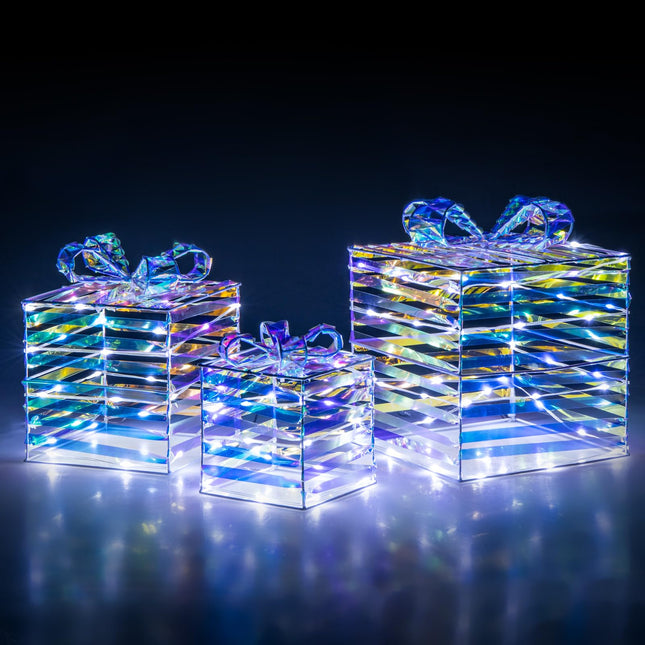 Dreamade 3 Pieces Christmas Lighted Gift Boxes, 90 LED Light up Present Boxes with Bows, Zip Ties & Ground Stakes