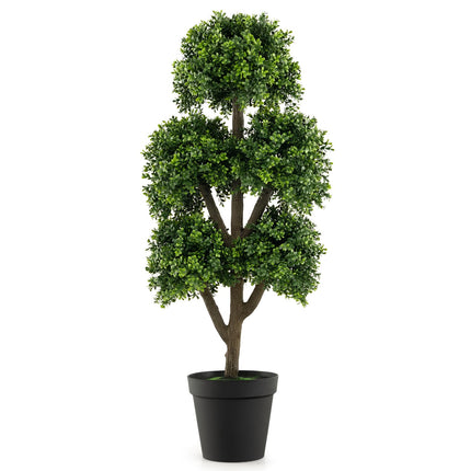 Dreamade Artificial Boxwood Topiary Tree, 45” Tall Faux Potted Plants with 5 Ball-Shaped Topiaries, Cement Flowerpot