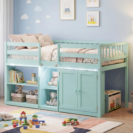 Dreamade Low Loft Bed Twin Size with LED Lights, Wooden Bed Frame