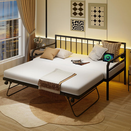Dreamade Twin Daybed with Trundle, Twin Bed Frame with Charging Station & LED Lights, Metal Trundle Bed Twin w/Steel Slats Support