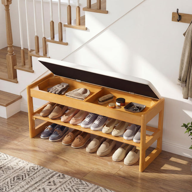 Dreamade Rubberwood Shoe Rack Bench with Linen Seat Cushion
